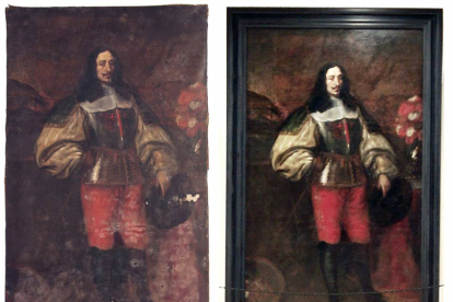 A la izquierda, retrato del Marqués de Torre-Soto antes de su restauración. Tras su restauración, a la derecha, ocupa la pared del Salón de Plenos de la Casa Consistorial.-G.G.