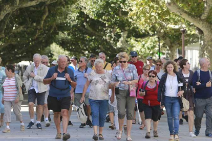 Un numeroso grupo de turistas extranjeros camina por el Espolón junto a una guía oficial.