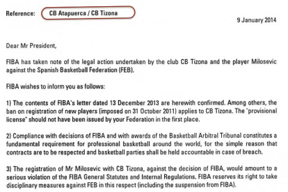Extracto del escrito realizado por FIBA a la FEB en el que insiste en que el CB Tizona está sancionado.-ECB