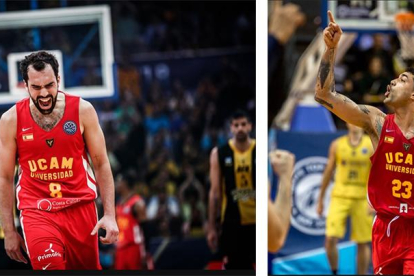 Benite y Lima celebran sendas canastas con la camiseta del UCAM Murcia.-FIBA
