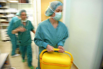 Dos profesionales sanitarias trasladan una nevera con un órgano para trasplantar.-ECB
