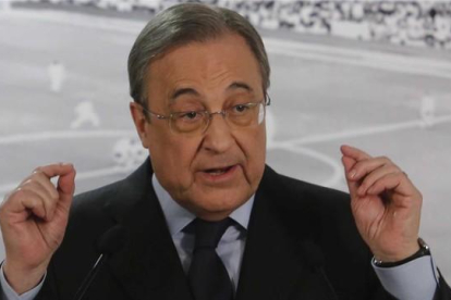 El presidente del Real Madrid Florentino Pérez, durante la comparecencia del pasado lunes.-AGUSTÍN CATALAN