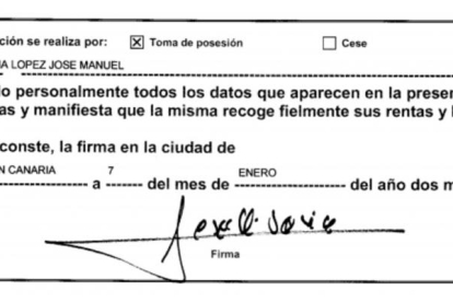 Firma de José Manuel Soria en la declaración de bienes que presentó en el Congreso.-