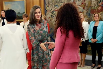 La reina Letizia recibe en audiencia a una representacion de la Alianza Iberoamericana de Enfermedades Raras, este martes en el Palacio de la Zarzuela.-EL PERIODICO (EFE / CHEMA MOYA)