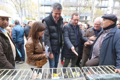 El candidato del PP, Xavier García Albiol, y el vicesecretario popular Javier Maroto, este domingo en un mercado de LHospitalet de Llobregat.-DANNY CAMINAL