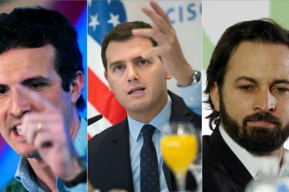 Pablo Casado (PP), Albert Rivera (Ciudadanos) y Santiago Abascal (Vox)-EL PERIÓDICO