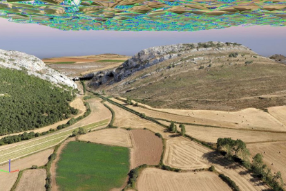 Nube de puntos resultante del vuelo fotogramétrico realizado por el dron en la Cueva del Agua de Basconcillos del Tozo y alrededores Burgos.-CENIEH