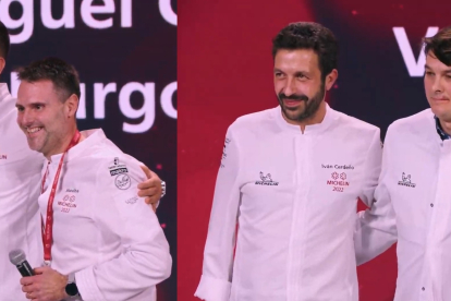 Los chef Miguel Cobo, en el centro en la foto de la izquierda, y Alvar Hinojal, en el centro en al foto de la dercha, nuevas estrellas Michelin de Castilla y León. E. M.