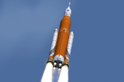 Recreación virtual del lanzamiento del supercohete 'SLS'.-NASA