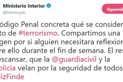 El polémico tuit del ministerio de Interior sobre qué se considera delito de terrorismo según el Código Penal.-EL PERIÓDICO