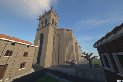 Reconstrucción con bloques de Minecraft del exterior de la iglesia de Villegas.