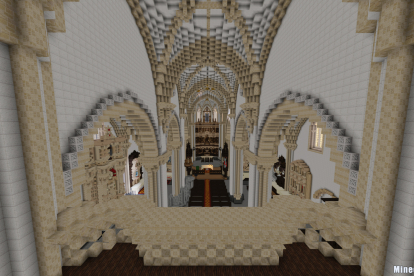 Reconstrucción con bloques de Minecraft del interior de la iglesia de Villegas.