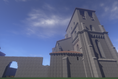 Reconstrucción con bloques de Minecraft del exterior de la iglesia de Villamorón.