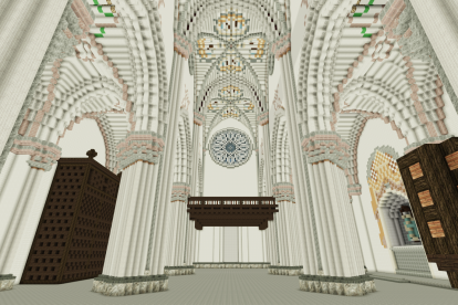 Reconstrucción en mundo Minecraft del interior de la iglesia de Villamorón.