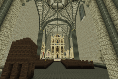 Recreación en Minecraft del interior de la iglesia de Fuenteodra.