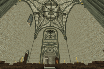 Recreación en Minecraft del interior de la iglesia de Fuenteodra. Las cúpulas y arcos son lo más complicado porque en el juego todos los bloques son cuadrados.