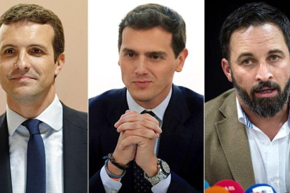 Pablo Casado (PP), Albert Rivera (Ciudadanos) y Santiago Abascal (Vox).-EL PERIÓDICO