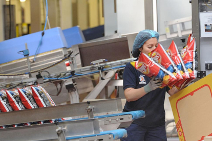 Una empleada realiza su trabajo en la línea de producción de una fábrica burgalesa de snacks.-ISRAEL L. MURILLO