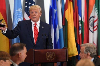 El presidente de EEUU, Donald Trump, durante una rueda de prensa en la ONU, este martes.-SAUL LOEB (AFP)