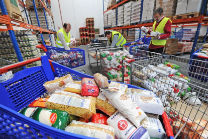 Tres voluntarios del Banco de Alimentos de Burgos gestionan el reparto de alimentos en el almacén de la entidad.