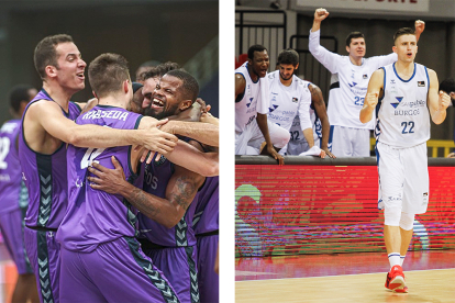 Los jugadores del Hereda San Pablo celebran su triunfo en la BCL y en un partido de ACB. FIBA / ACB PHOTO