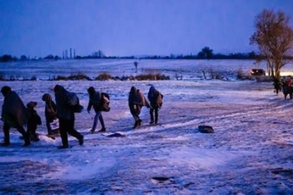 Migrantes y refugiados caminan por un campo cubierto de nieve tras cruzar la frontera de Macedonia con Serbia, cerca de la población de Miratovac, este domingo.-AFP / DIMITAR DILKOFF