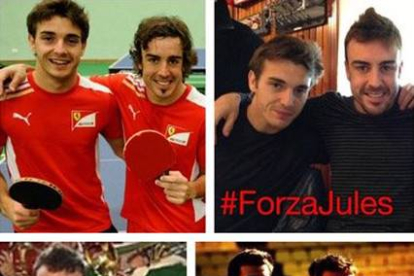 Las cuatro fotografías de Fernando Alonso y Jules Bianchi que el piloto asturiano ha colgado en su perfil de Twitter en lugar de su avatar personal.-