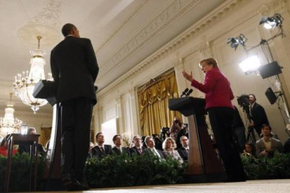 Barack Obama y Angela Merkel en la Casa Blanca.-