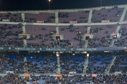 Detalle de las gradas del Camp Nou en el Barça-Celta de Copa. 