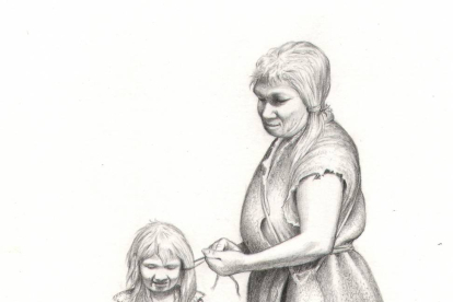 Ilustración de una madre y una pequeña neandertales.-ECB