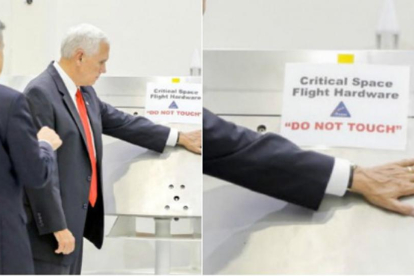 Mike Pence coloca su mano en un equipo de la NASA a pesar de la advertencia 'No tocar'.-INSTAGRAM