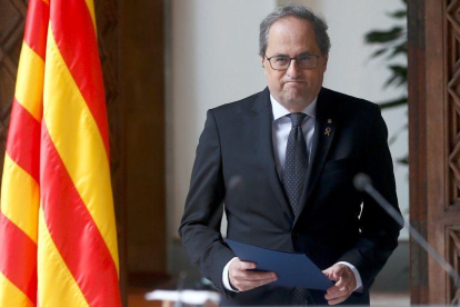 El presidente de la Generalitat, Quim Torra, durante la declaración institucional.-