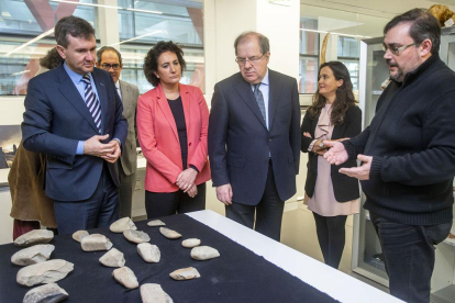 En el centro, la consejera de Cultura, María Josefa García Cirac, y Herrera observan una colección de fósiles.-SANTI OTERO