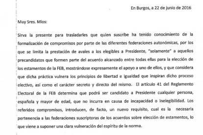 Carta enviada por Benavente alTADy a la Junta Electoral de la FEB.-ECB
