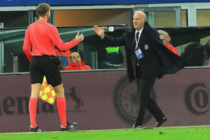 Vicente del Bosque saluda al juez de línea que le derribó durante el Italia-España del jueves pasado.-