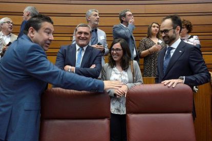 De izq a dcha, los procuradores que formarán el Grupo Parlamentario Mixto en las Cortes de Castilla y León, Luis Mariano Santos (UPL), Pedro Pascual (XAV), Laura Domínguez (Podemos) y José Maria García (Vox), conversan.-EFE