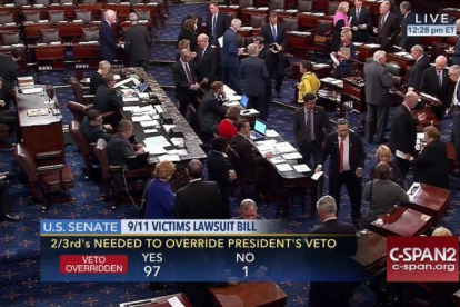 Captura de televisión del resultado de la votación en el Senado, contraria al veto de Obama, el miércoles.-AP