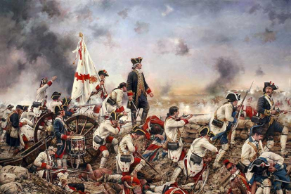 Lienzo de  Augusto Ferrer-Dalmau sobre la batalla de Pensacola dirigida por Bernardo de Gálvez.-