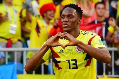 Yerry Mina celebra el gol marcado a Senegal.-LUIS ACOSTA