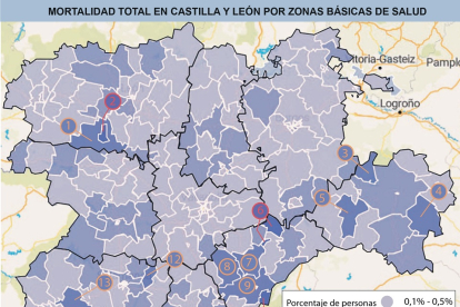 Gráfico de la tasa de mortalidad por zonas de salud básicas de Castilla y León. E. M.
