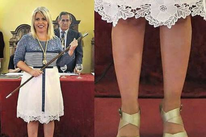 La alcaldesa de Jerez, Mamen Sánchez, el día de la investidura. A la derecha, detalle de sus zapatos.-