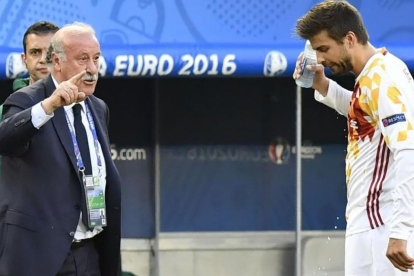 Del Bosque da instrucciones junto a Piqué en el partido disputado en Burdeos.-AFP / GEORGES GOBET
