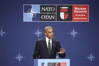 El presidente estadounidense, Barack Obama durante una rueda de prensa celebrada en el marco de la cumbre de la OTAN en Varsovia, Polonia.-EFE