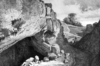 Recreación de Isidro Gil sobre la entrada de Cueva Mayor en el siglo XIX. ECB