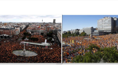 A la izquierda, una imagen de la manifestación de este domingo. A la derecha, la concentración del 2017.-
