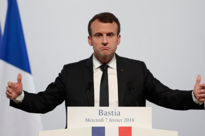 El presidente francés, Emmanuel Macron, durante su discurso en Bastia, Córcega.-AFP / BENOIT TESSIER