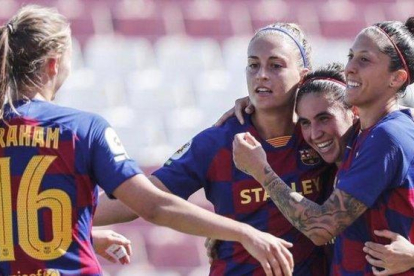 Las jugadoras del Barça celebran el 0-1 de Jenni Hermoso al Sevilla.-FCB