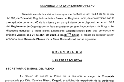 Orden del día del Pleno del Ayuntamiento de Burgos del próximo 21 de abril.