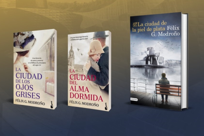 Ejemplares de los libros que conforman la trilogía sobre Bilbao de Félix G. Modroño.
