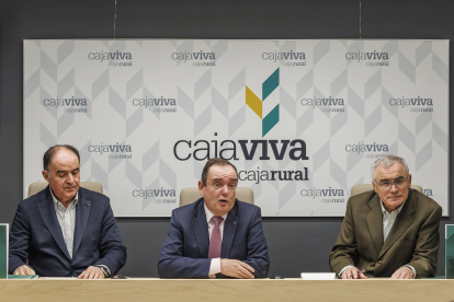 Manuel Morquillas (UBU), Ramón Sobremonte (Fundación Caja Rural Burgos) y José María Calzada (UBU) han presentado el Boletín de Coyuntura Económica de 2024.